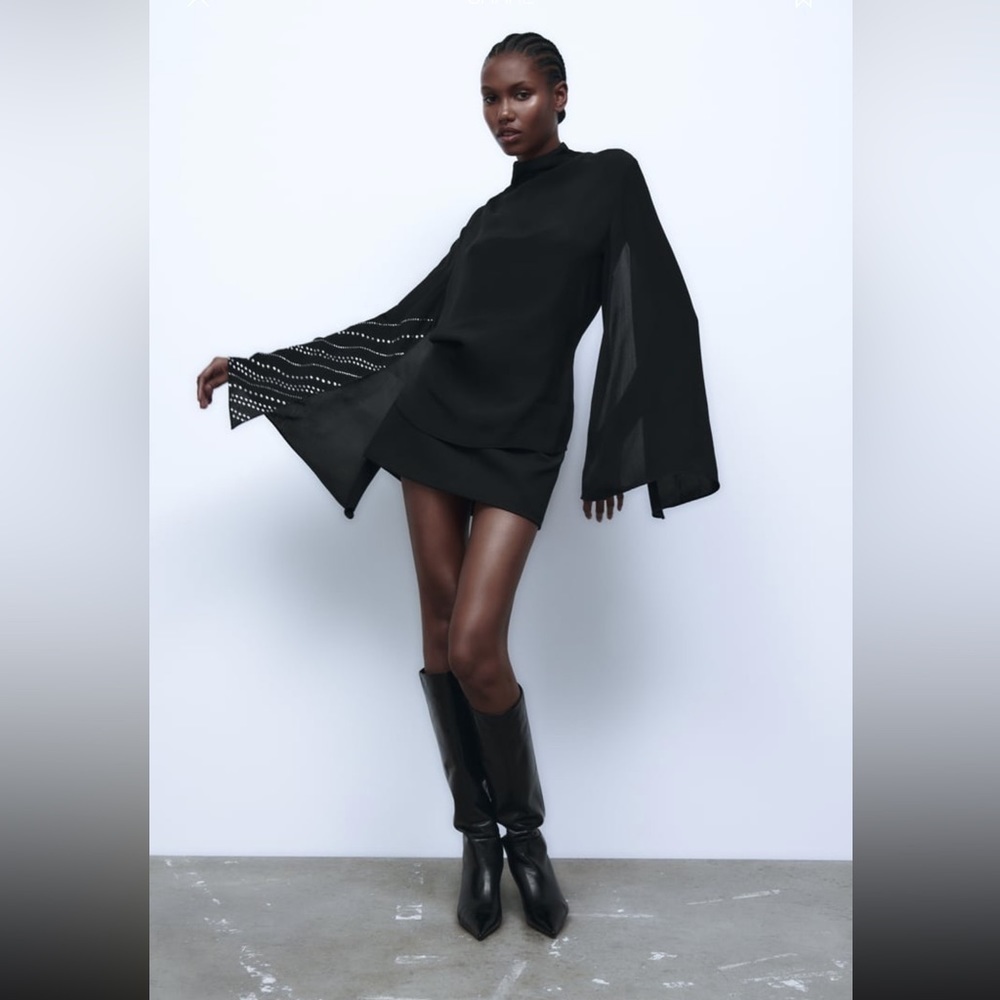 New ZARA RHINESTONE CAPE SLEEVED BLOUSEHigh collar blouse with long cape sleeves